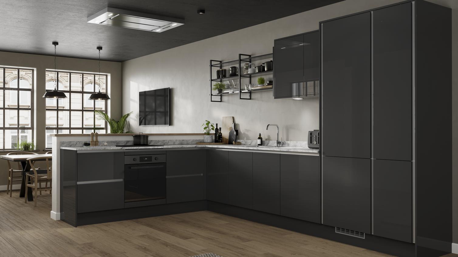 L-shaped kitchen layout with black slab doors in a glossy finish. Has handleless cabinets and silver trims for a modern look.